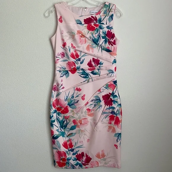 Calvin Klein Womens Floral Sleeveless Sheath Dress Pink 4